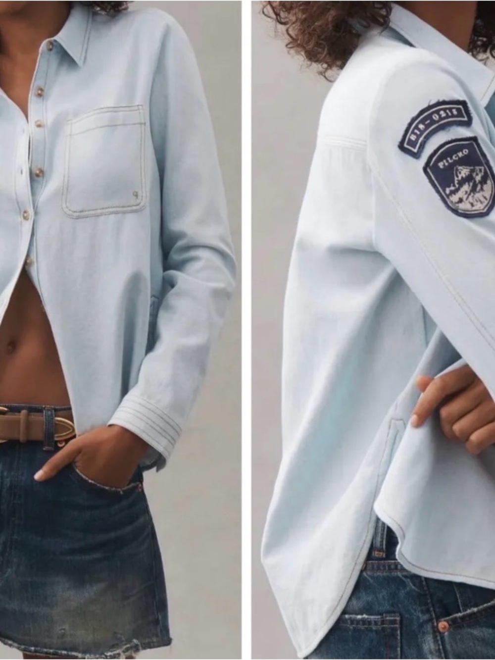 Pilcro Light Blue Button-Down Shirt Jacket with Sleeve Patch Cotton - M - Picture 2 of 10